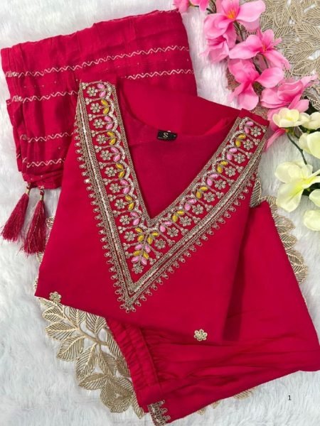 Statement Style: Tomato Pink Color Roman Silk Kurti Set with Cotton Silk Dupatta 3 Piece Kurti Set