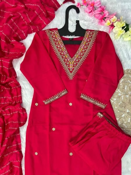 Statement Style: Tomato Pink Color Roman Silk Kurti Set with Cotton Silk Dupatta 3 Piece Kurti Set