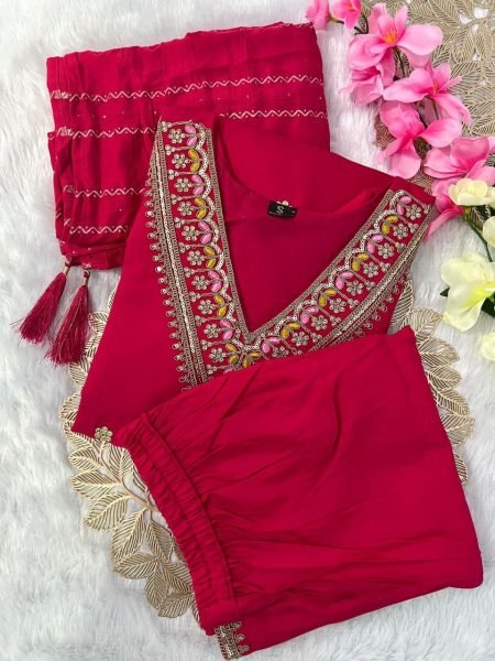 Statement Style: Tomato Pink Color Roman Silk Kurti Set with Cotton Silk Dupatta 3 Piece Kurti Set