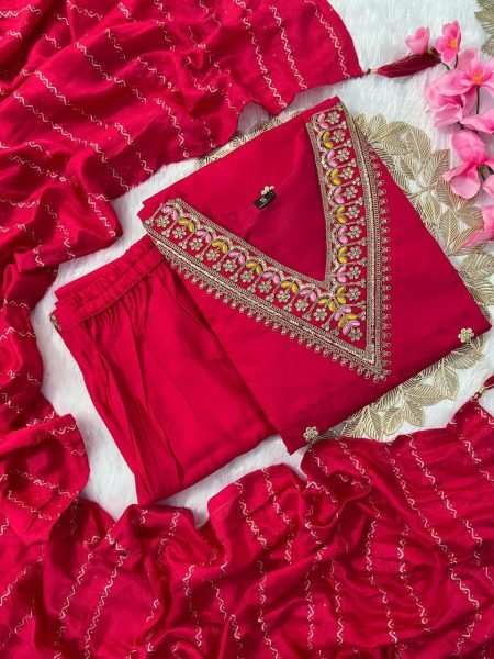 Statement Style: Tomato Pink Color Roman Silk Kurti Set with Cotton Silk Dupatta 3 Piece Kurti Set