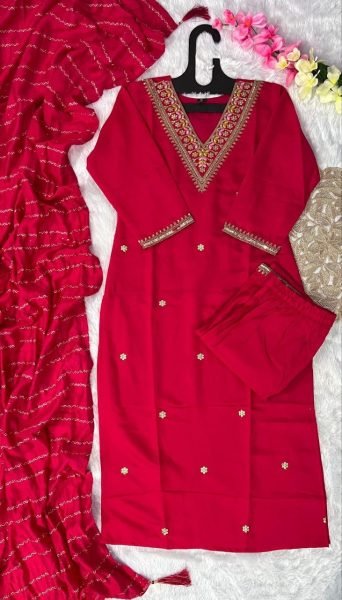 Statement Style: Tomato Pink Color Roman Silk Kurti Set with Cotton Silk Dupatta 3 Piece Kurti Set
