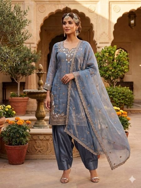 Steel Blue Fendy Embroidered Farshi Palazzo Suit with Dupatta for Festival Wear Ready To Wear Suit