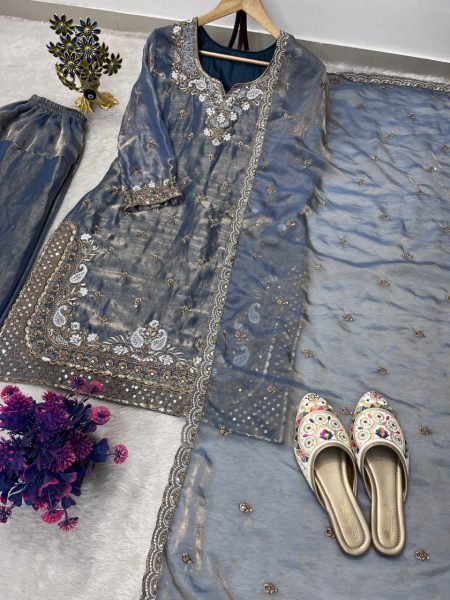 Steel Blue Fendy Embroidered Farshi Palazzo Suit with Dupatta for Festival Wear Ready To Wear Collection
