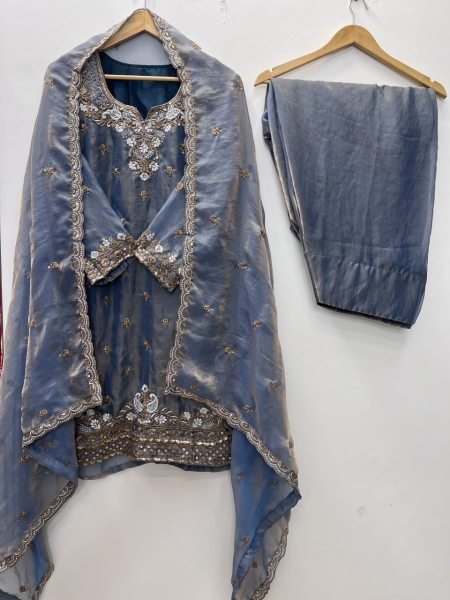Steel Blue Fendy Embroidered Farshi Palazzo Suit with Dupatta for Festival Wear Ready To Wear Collection