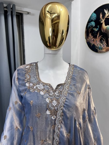 Steel Blue Fendy Embroidered Farshi Palazzo Suit with Dupatta for Festival Wear Ready To Wear Collection