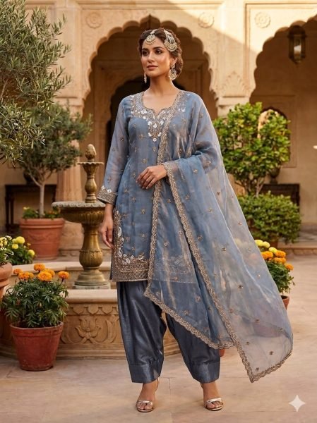 Steel Blue Fendy Embroidered Farshi Palazzo Suit with Dupatta for Festival Wear Ready To Wear Collection