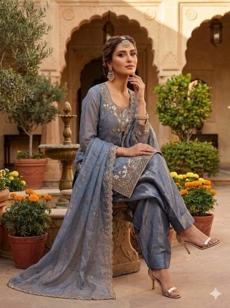 Steel Blue Fendy Embroidered Farshi Palazzo Suit with Dupatta for Festival Wear Ready To Wear Collection