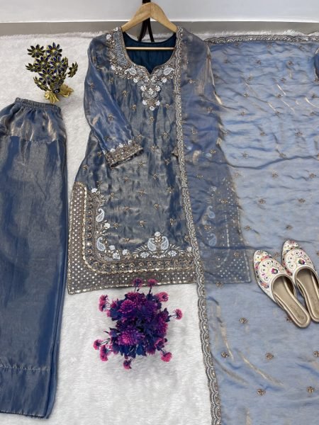 Steel Blue Fendy Embroidered Farshi Palazzo Suit with Dupatta for Festival Wear Ready To Wear Collection