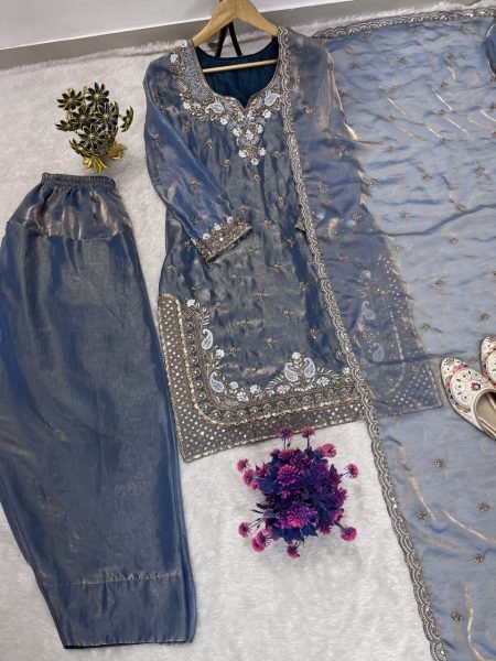 Steel Blue Fendy Embroidered Farshi Palazzo Suit with Dupatta for Festival Wear Ready To Wear Collection