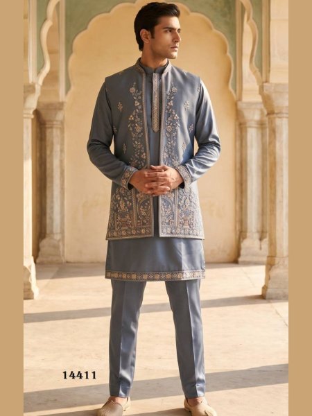 Steel Blue Grey Ready to Stitch Heavy Armani Indo Western Collection for Weddings 