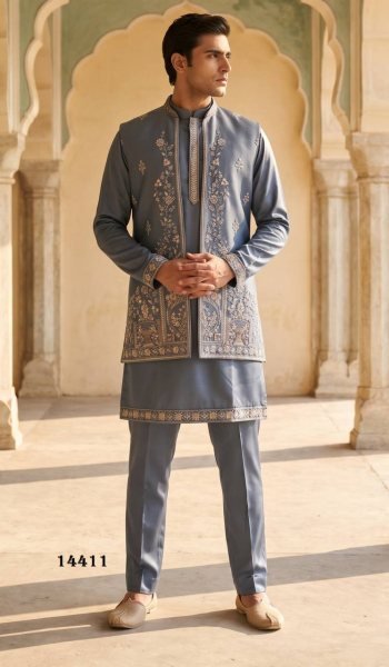 Steel Blue Grey Ready to Stitch Heavy Armani Indo Western Collection for Weddings Kurta Pajama Wholesale