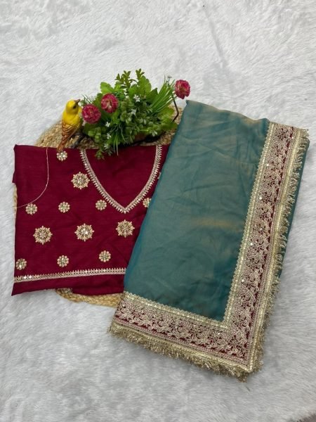 Steel Teal Blue Mocha Silk Sequin Embroidered Saree with Mono Diamond Silk Blouse Silk Sarees Wholesale