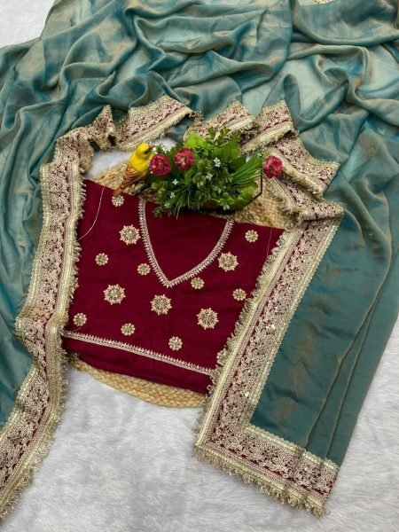Steel Teal Blue Mocha Silk Sequin Embroidered Saree with Mono Diamond Silk Blouse Silk Sarees Wholesale