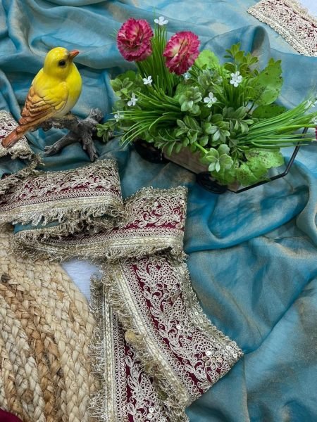 Steel Teal Blue Mocha Silk Sequin Embroidered Saree with Mono Diamond Silk Blouse Silk Sarees Wholesale