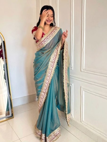 Steel Teal Blue Mocha Silk Sequin Embroidered Saree with Mono Diamond Silk Blouse Silk Sarees Wholesale