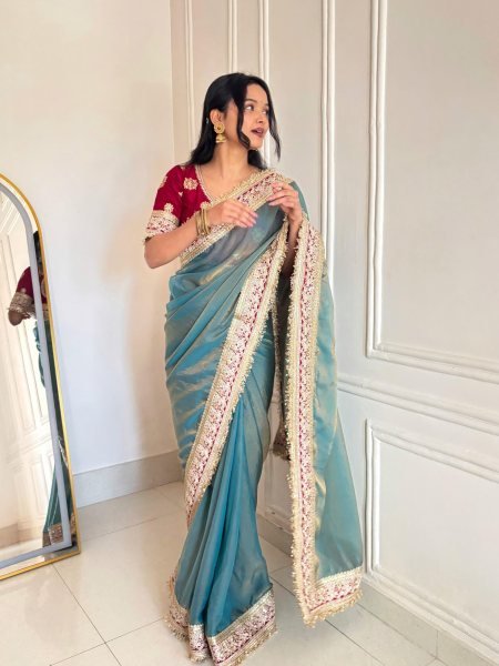 Steel Teal Blue Mocha Silk Sequin Embroidered Saree with Mono Diamond Silk Blouse Silk Sarees Wholesale