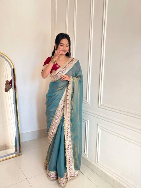 Steel Teal Blue Mocha Silk Sequin Embroidered Saree with Mono Diamond Silk Blouse Silk Sarees Wholesale