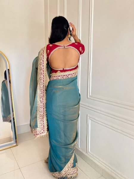 Steel Teal Blue Mocha Silk Sequin Embroidered Saree with Mono Diamond Silk Blouse Silk Sarees Wholesale