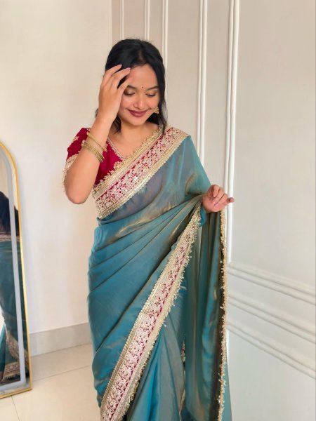 Steel Teal Blue Mocha Silk Sequin Embroidered Saree with Mono Diamond Silk Blouse Silk Sarees Wholesale