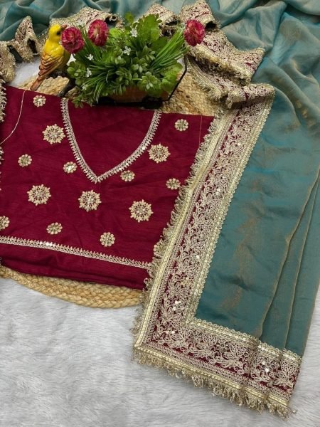 Steel Teal Blue Mocha Silk Sequin Embroidered Saree with Mono Diamond Silk Blouse Silk Sarees Wholesale