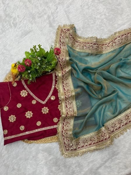 Steel Teal Blue Mocha Silk Sequin Embroidered Saree with Mono Diamond Silk Blouse Silk Sarees Wholesale
