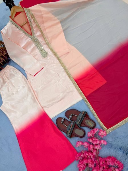 Stock Ready Roman Glass Top with Dual Tone Plazzo and Elegant Organza Lace Dupatta Ready To Wear Collection