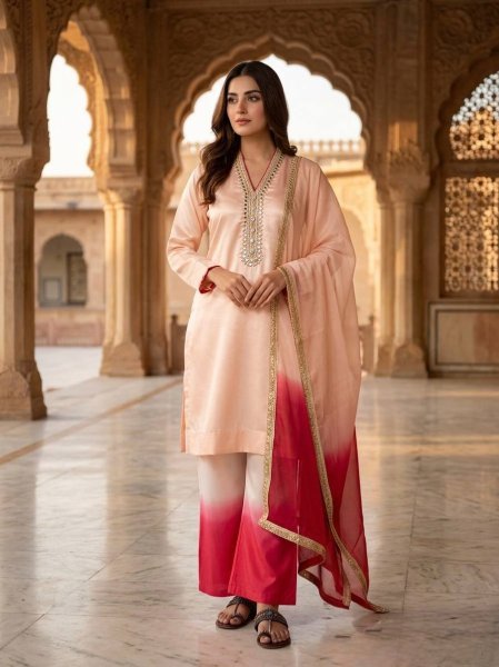 Stock Ready Roman Glass Top with Dual Tone Plazzo and Elegant Organza Lace Dupatta Ready To Wear Collection