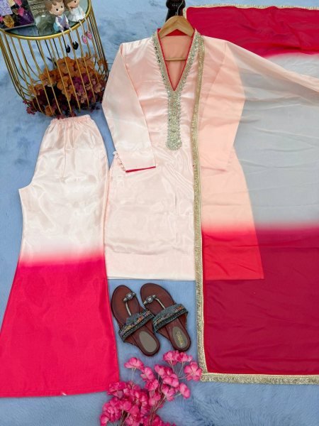 Stock Ready Roman Glass Top with Dual Tone Plazzo and Elegant Organza Lace Dupatta Ready To Wear Collection