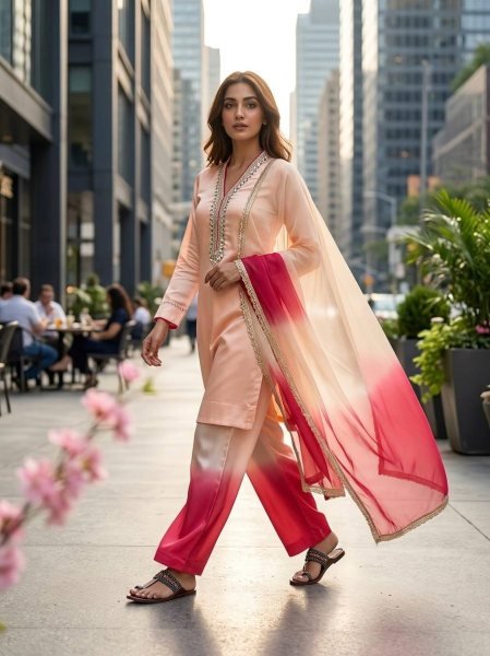 Stock Ready Roman Glass Top with Dual Tone Plazzo and Elegant Organza Lace Dupatta Ready To Wear Collection