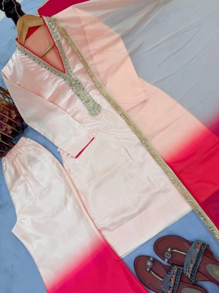 Stock Ready Roman Glass Top with Dual Tone Plazzo and Elegant Organza Lace Dupatta Ready To Wear Collection