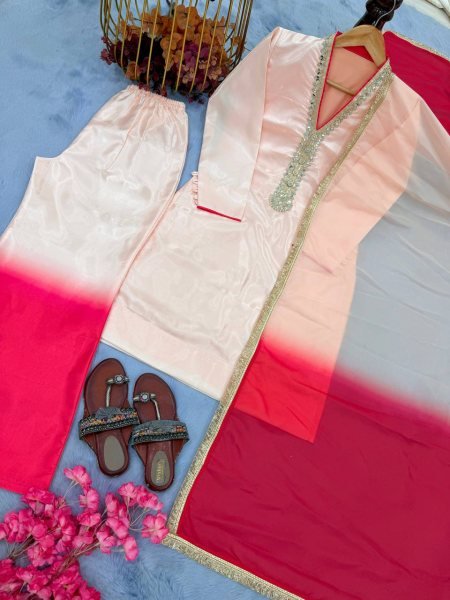 Stock Ready Roman Glass Top with Dual Tone Plazzo and Elegant Organza Lace Dupatta Ready To Wear Collection