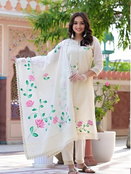 Straight chicken shifli work Hand Painted Kurti Pant Set Lucknowi Chikankari Kurtis Wholesale