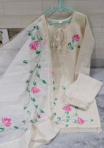Straight chicken shifli work Hand Painted Kurti Pant Set Lucknowi Chikankari Kurtis Wholesale