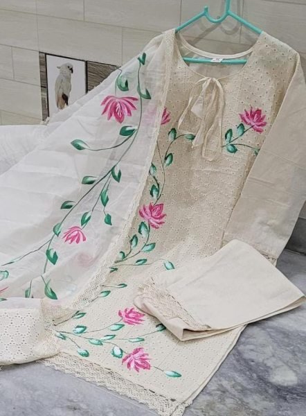 Straight chicken shifli work Hand Painted Kurti Pant Set Lucknowi Chikankari Kurtis Wholesale