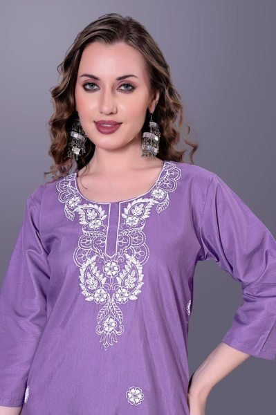 Street style Lavender  Rayon Slub Embroidery Kurti with 3 4 Sleeves for Daily Wear  Straight Cut Long Kurtis