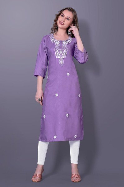 Street style Lavender  Rayon Slub Embroidery Kurti with 3 4 Sleeves for Daily Wear  Straight Cut Long Kurtis