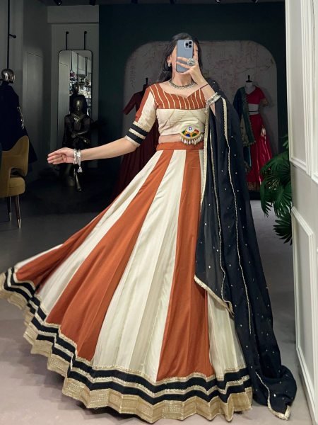 Striped Rust and Ivory Lehenga Choli for Garba Black Embroidered Dupatta Navratri Lehnega Choli