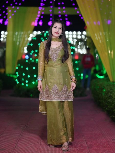 Strong  Olive Green Design Two Tone Fandy Silk Embroidered Top Plazo Set with Dupatta Ready To Wear Suit