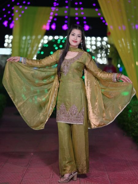 Strong  Olive Green Design Two Tone Fandy Silk Embroidered Top Plazo Set with Dupatta Ready To Wear Collection