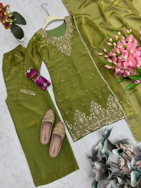 Strong  Olive Green Design Two Tone Fandy Silk Embroidered Top Plazo Set with Dupatta Ready To Wear Collection