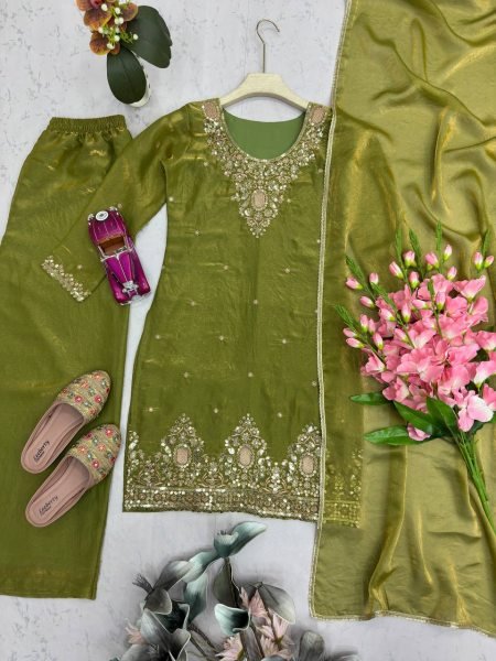 Strong  Olive Green Design Two Tone Fandy Silk Embroidered Top Plazo Set with Dupatta Ready To Wear Collection