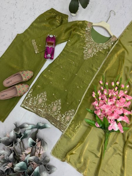 Strong  Olive Green Design Two Tone Fandy Silk Embroidered Top Plazo Set with Dupatta Ready To Wear Collection