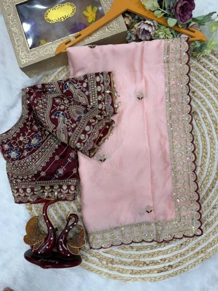 Stunning Baby Pink Rangoli Silk Ethnic Saree with Stitched Blouse For Boutique  Designer Wedding Sarees Wholesale