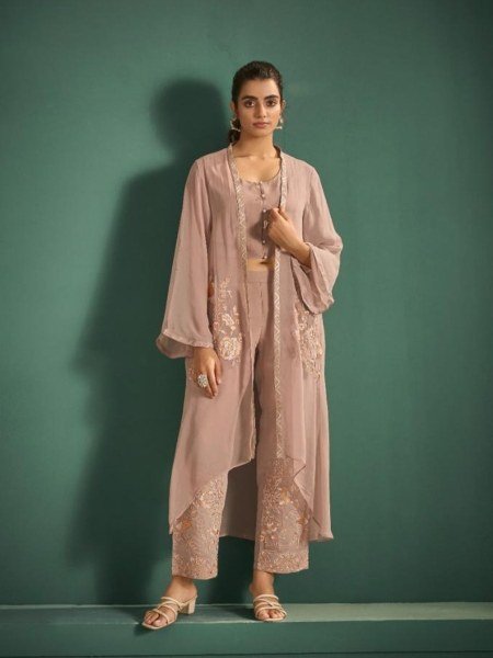 Stunning Beige Mal Chanderi Kurti Pant Set with Designer Jacket For Wedding 