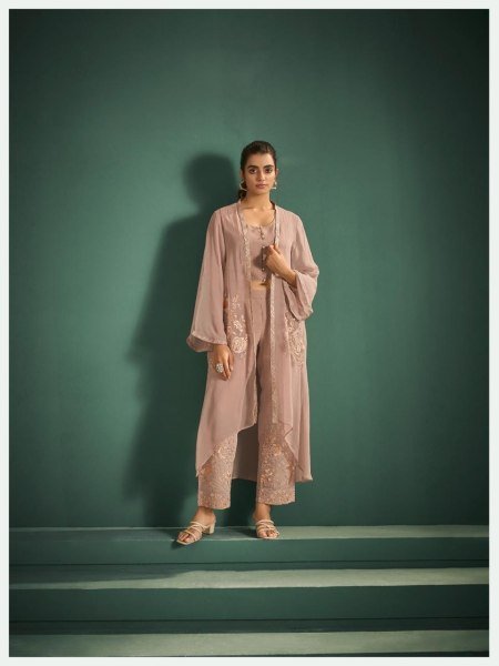 Stunning Beige Mal Chanderi Kurti Pant Set with Designer Jacket For Wedding Embroidery Suits Wholesale