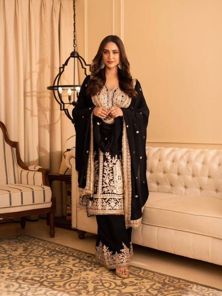 Stunning Black Georgette Embroidered Kurta Plazzo Set with Dupatta for Weddings at Wholesale Price Embroidery Kurtis 