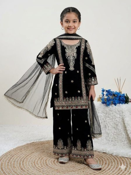 Stunning Black Girls Sharara Suit with Net Dupatta for Wedding and Party Wear Girls Wear