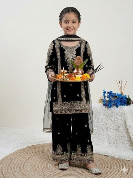 Stunning Black Girls Sharara Suit with Net Dupatta for Wedding and Party Wear Girls Wear