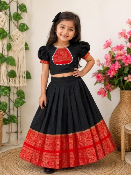 Stunning Black Kids Cotton Narayan Pet Lehenga Choli with Zari Border at Wholesale Rate Girls Wear
