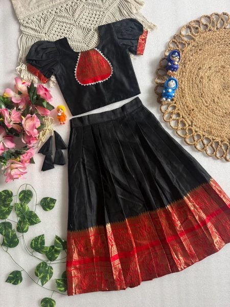 Stunning Black Kids Cotton Narayan Pet Lehenga Choli with Zari Border at Wholesale Rate Girls Wear